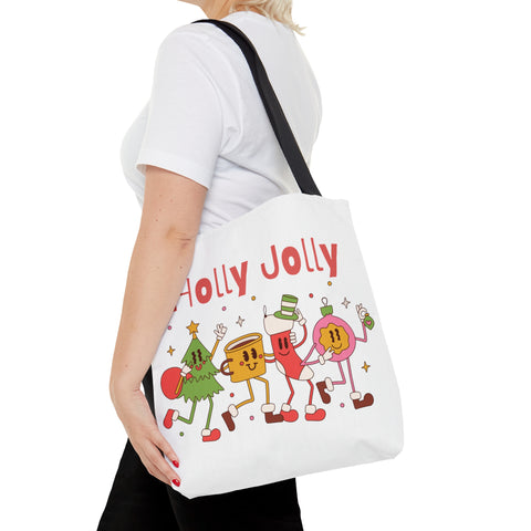 Holly Jolly Christmas Tote Bags - White, Red, Reusable Cotton Christmas Treat Bags
