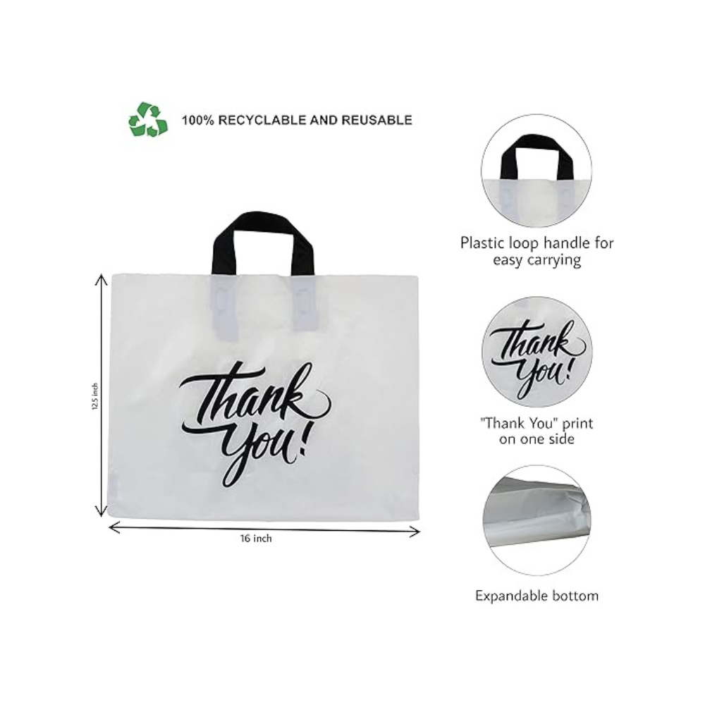 16x12.5 Thank You Plastic Bags With Loop Handles - Pack of