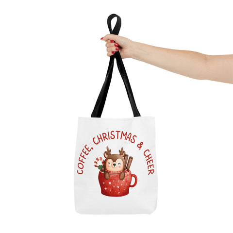 Coffee, Christmas & Cheer Tote Bags White, Reusable Canvas Tote Bags, Available in Different Size