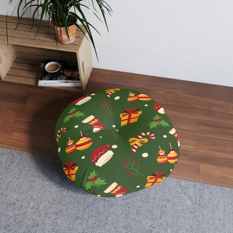 Christmas Tufted Floor Pillow, Round Dark Green