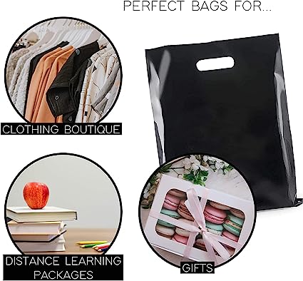 InfinitePack Plastic Bag with Die Cut Handle Bag 9" x 12" Black Plastic Merchandise Bags 100 Pack for Retail, Gifts, Trade Show and More (9"x12") - Infinite Pack