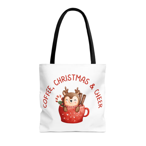 Coffee, Christmas & Cheer Tote Bags White, Reusable Canvas Tote Bags, Available in Different Size