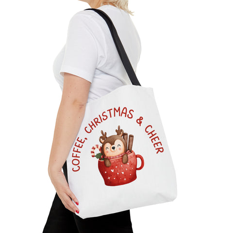 Coffee, Christmas & Cheer Tote Bags White, Reusable Canvas Tote Bags, Available in Different Size
