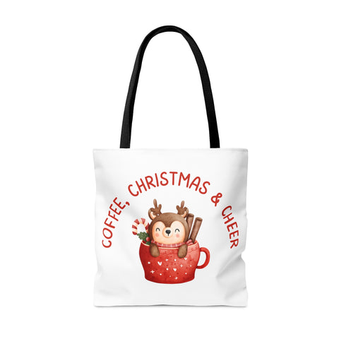 Coffee, Christmas & Cheer Tote Bags White, Reusable Canvas Tote Bags, Available in Different Size