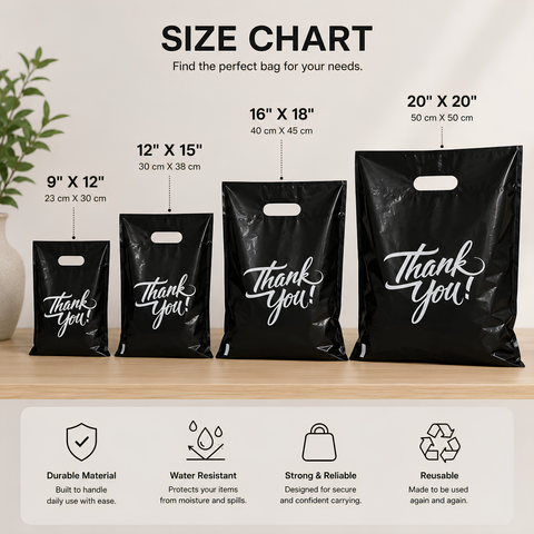 Die cut handle bags size chart and specifications