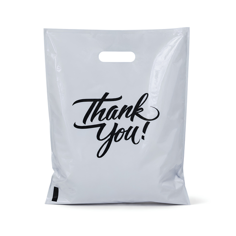 White die cut handle bags with thank you print