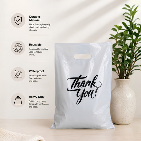 White plastic die cut bags retail packaging
