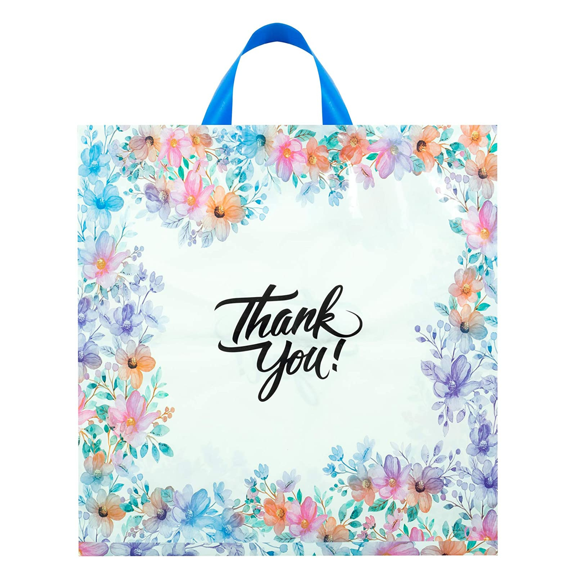 18x18 Pack of 50 Floral Pattern Thank You Bag 2.35 Mil With Soft Loop Handle & Bottom Gusset - Infinite Pack
