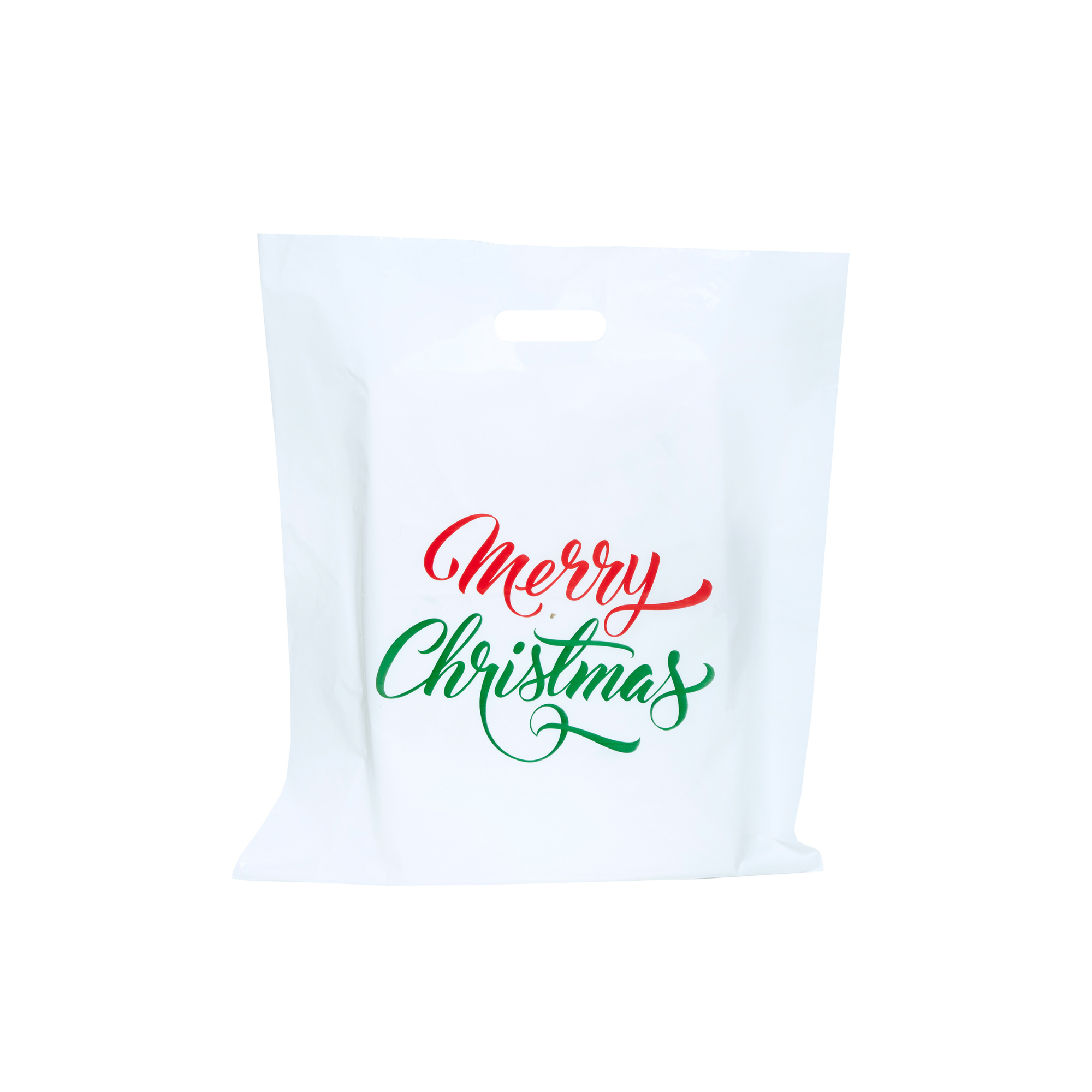 16x18 Pack of 100 Merry Christmas Printed White Plastic Treat Bags 1.75 Mil With Die Cut - Infinite Pack