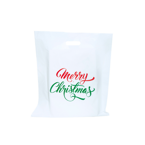 Christmas Gift Bags 12x15 with Die Cut Handle 2.35 Mil Reusable Plastic Treat Bags Pack of 100 Pcs - Infinite Pack