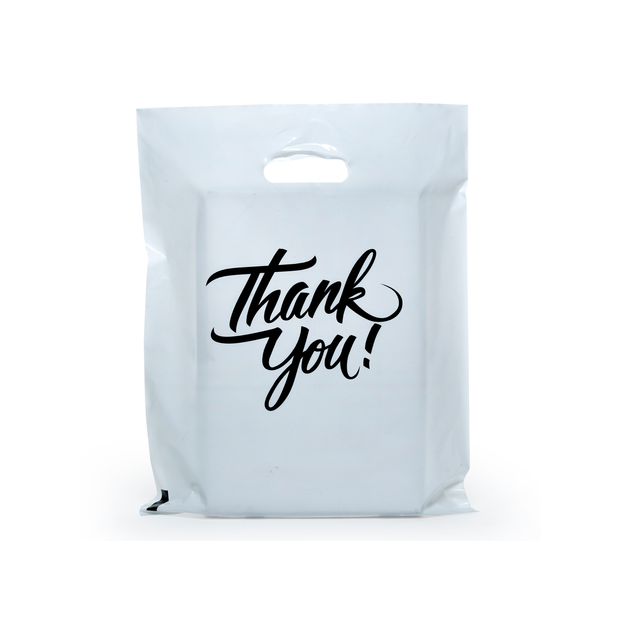 12x 15 Pack of 100 Thank You Printed Merchandise Bags 2.35 Mil With Die Cut Handle White