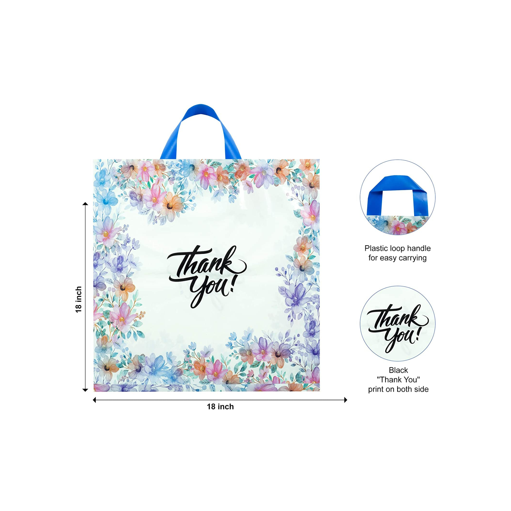 18x18 Pack of 50 Floral Pattern Thank You Bag 2.35 Mil With Soft Loop Handle & Bottom Gusset - Infinite Pack