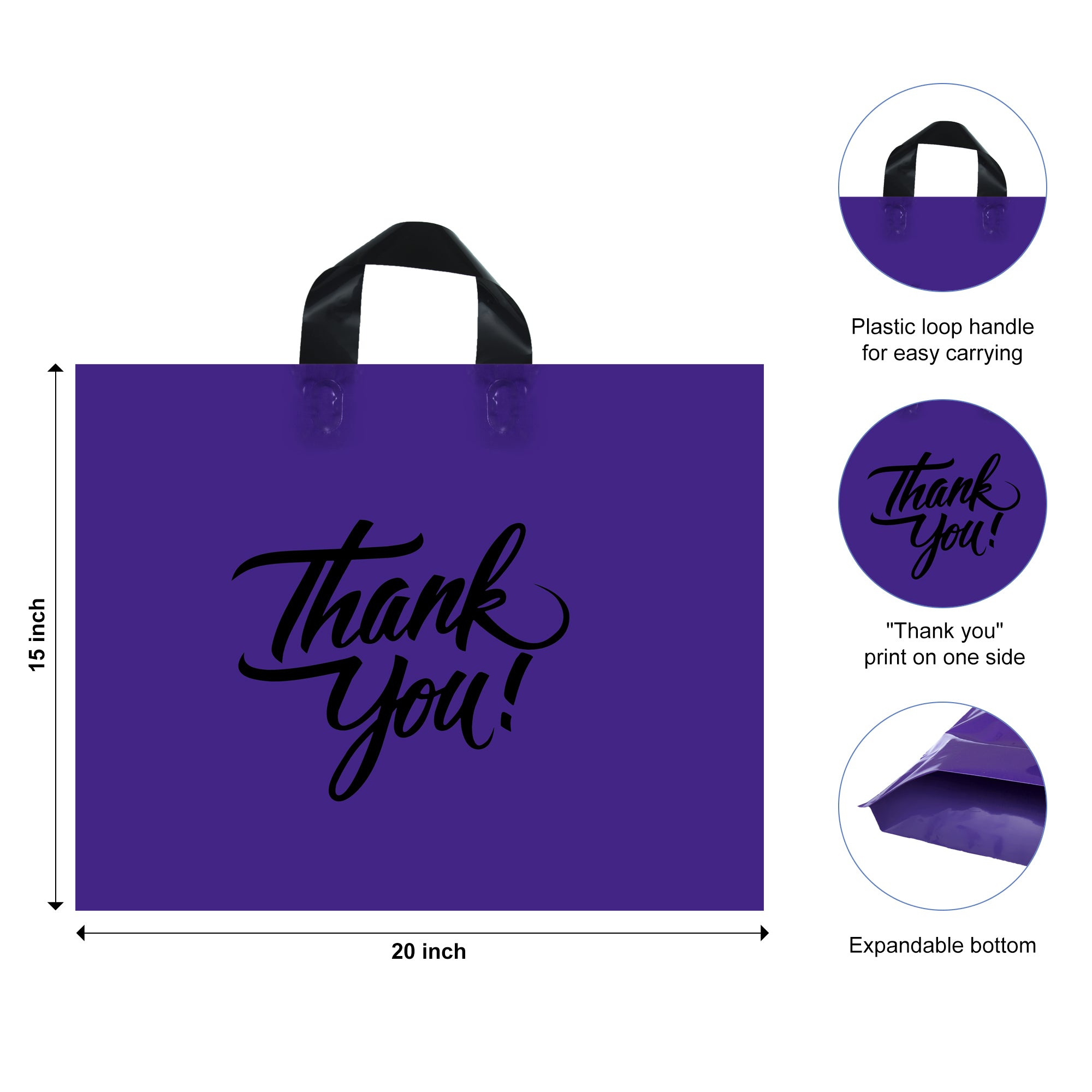 purple thank you merchandise bag with loop handle with size