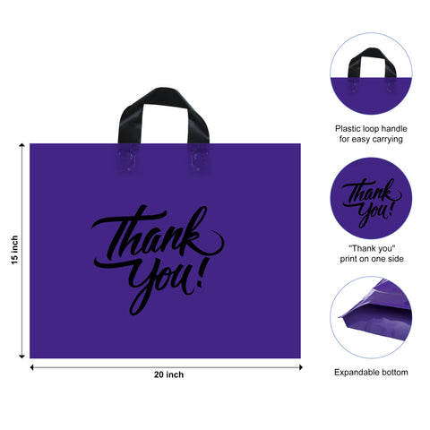 purple thank you merchandise bag with loop handle with size