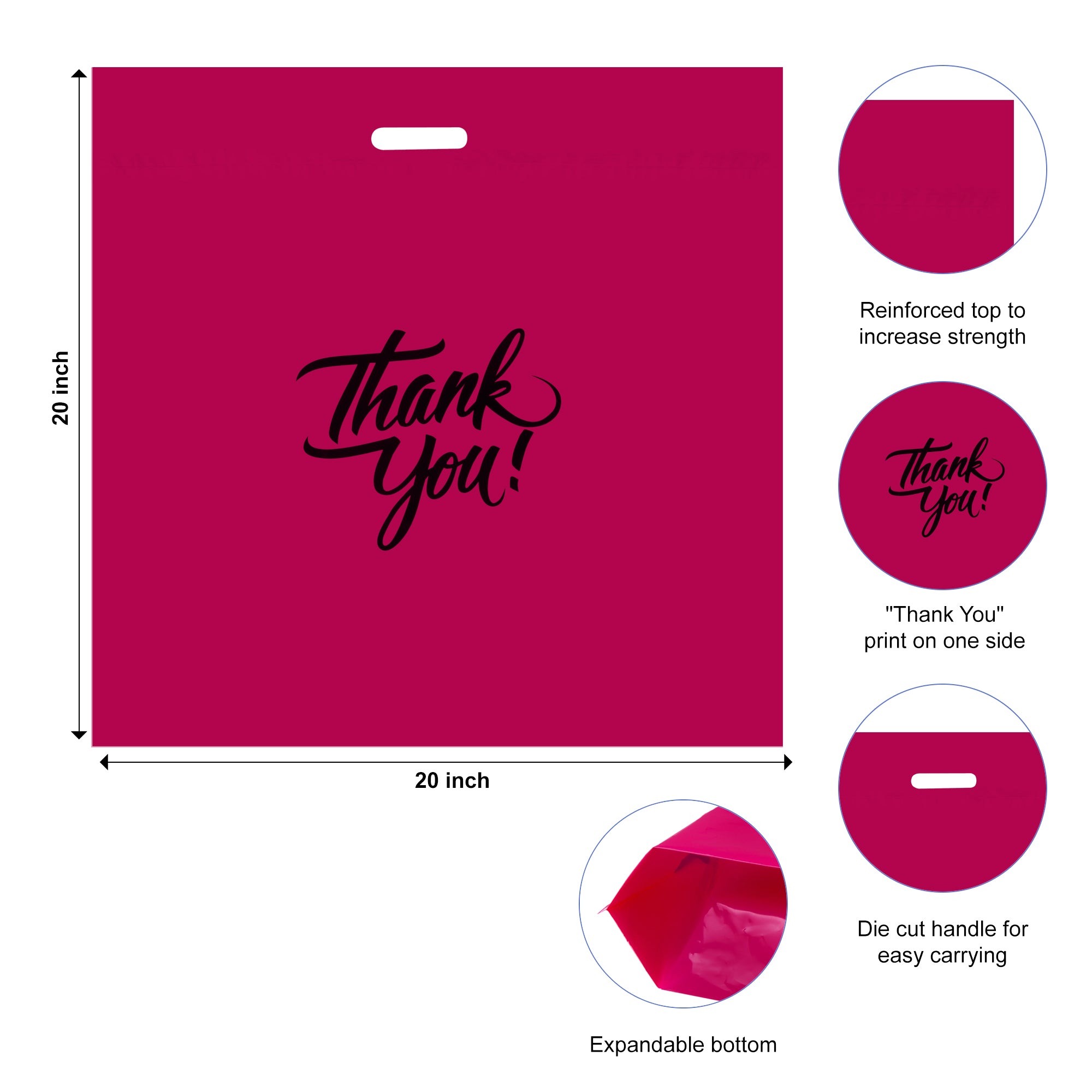 20 x 20 pink thank you bag with die cut handle and size