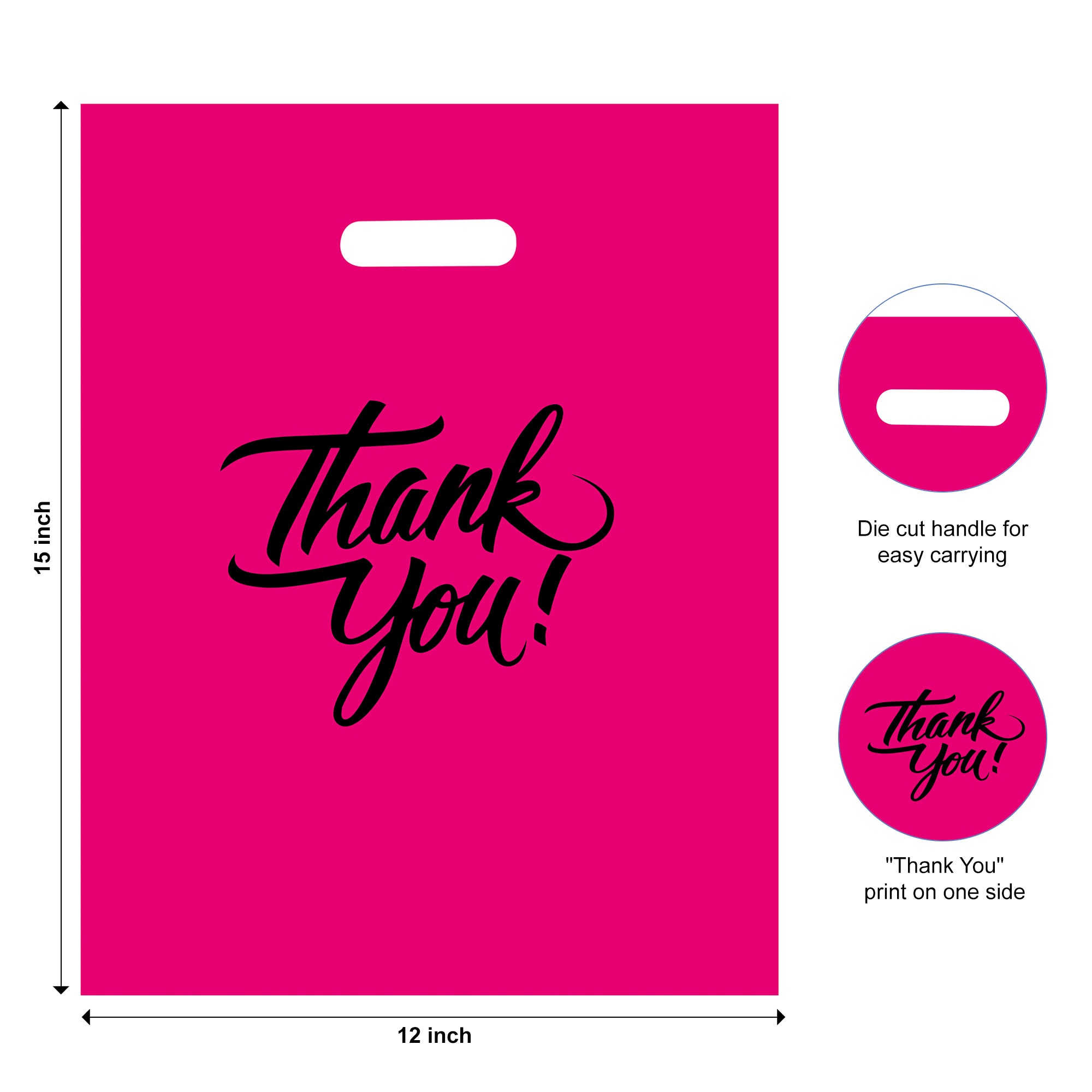 pink thank you bag with size printed on it