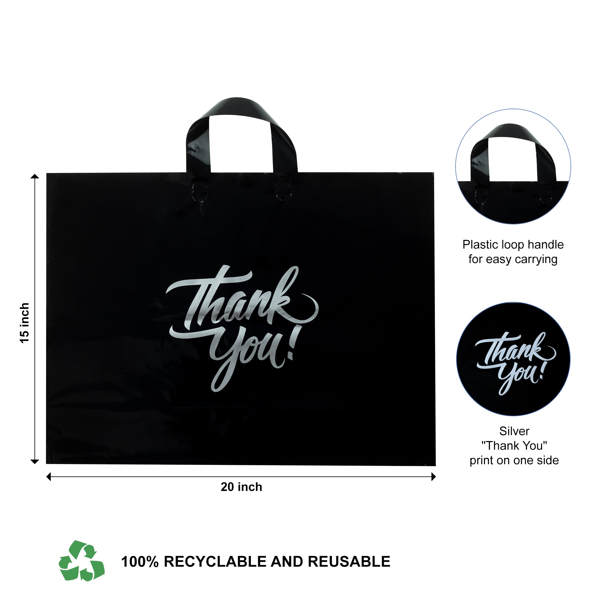 black thank you bag with loop handle and size mentioned