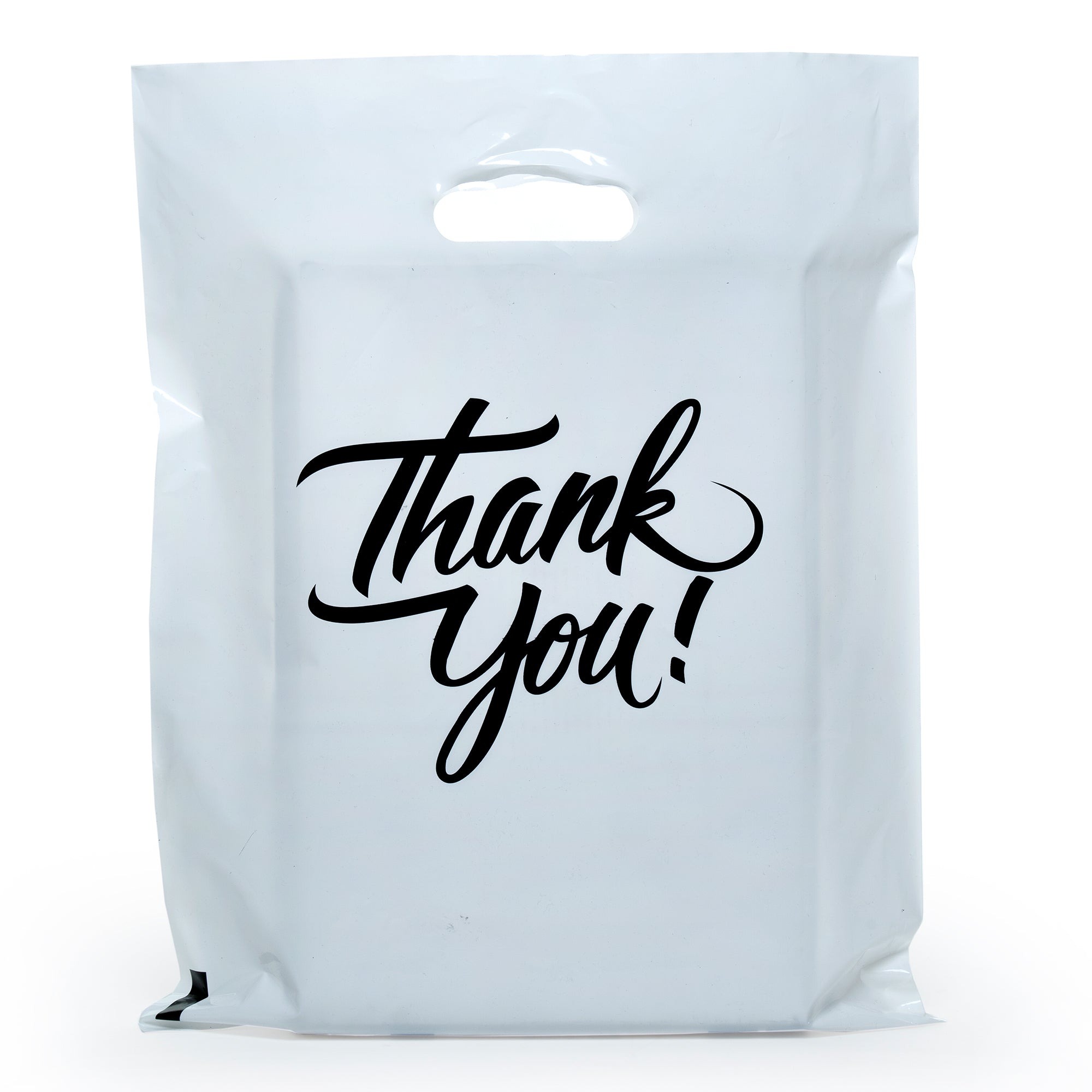 12x 15 Pack of 100 Thank You Printed Merchandise Bags 2.35 Mil With Die Cut Handle - Infinite Pack