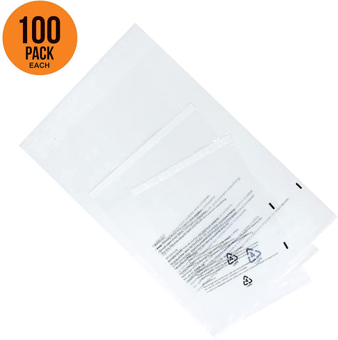 InfinitePack Large Combo Industrial Clear Plastic Poly Bags with Permanent Self Seal - Poly Mailers with Suffocation Warning - 100 Pack - Infinite Pack