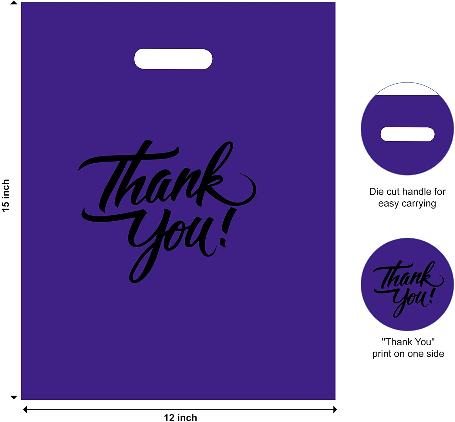 purple thank you bag with die cut handle and size mentioned