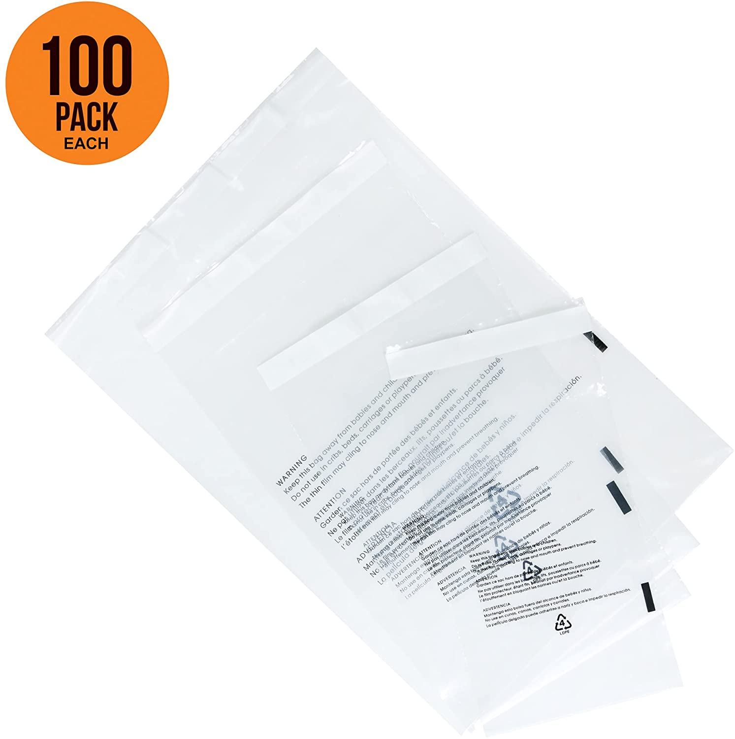 InfinitePack Small Combo Clear Plastic Poly Bags with Permanent Self Seal - Clear Poly Mailers with Suffocation Warning - 100 Pack for Each Sizes - Infinite Pack