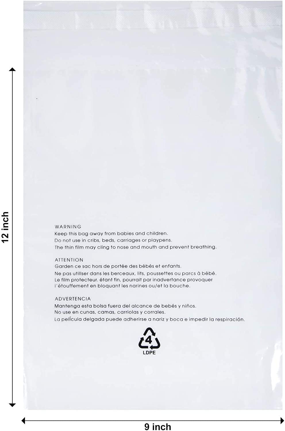 9 x 12 industrial clear poly bag with suffocation warning 
