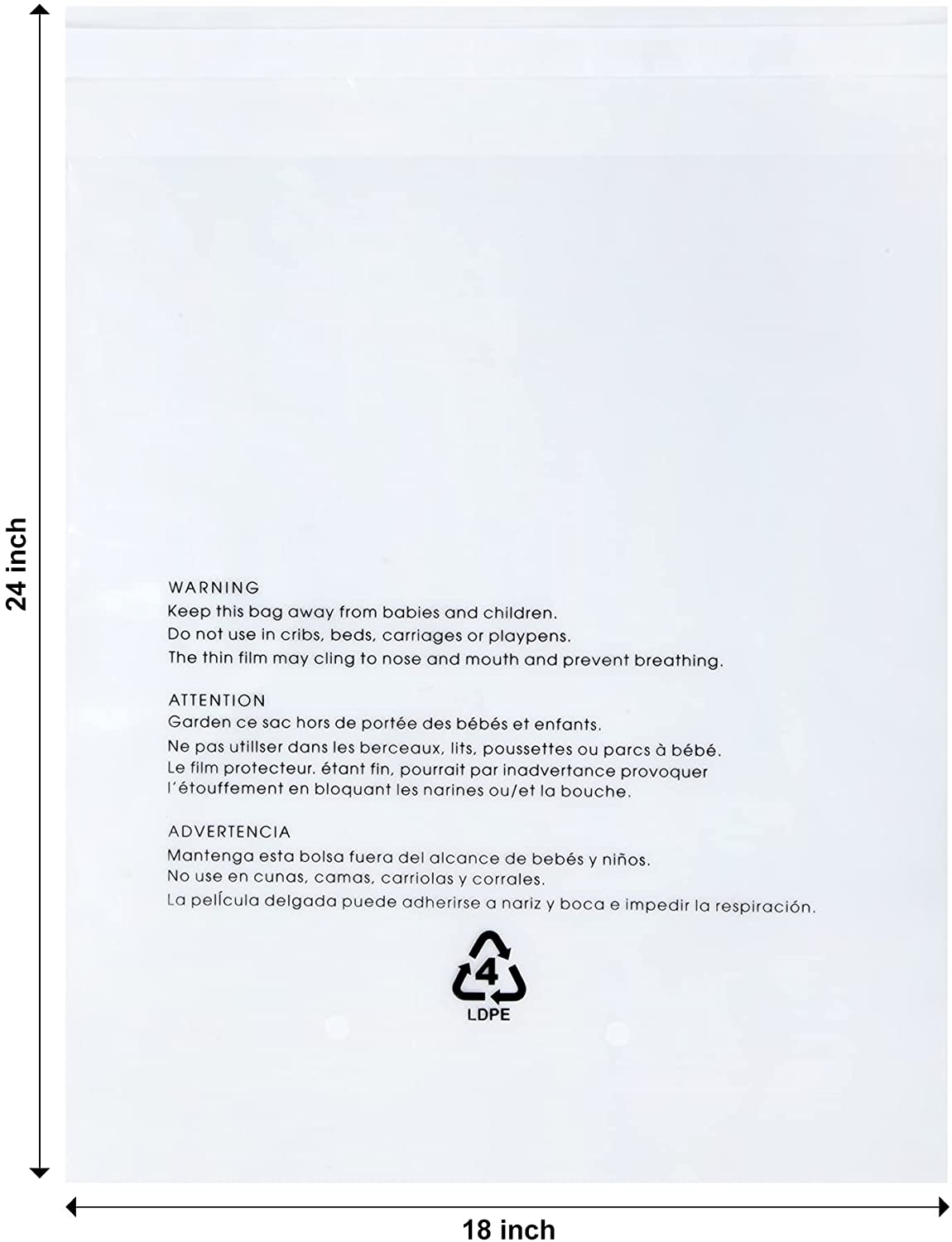 18 x 24 industrial clear plastic bag with suffocation warning
