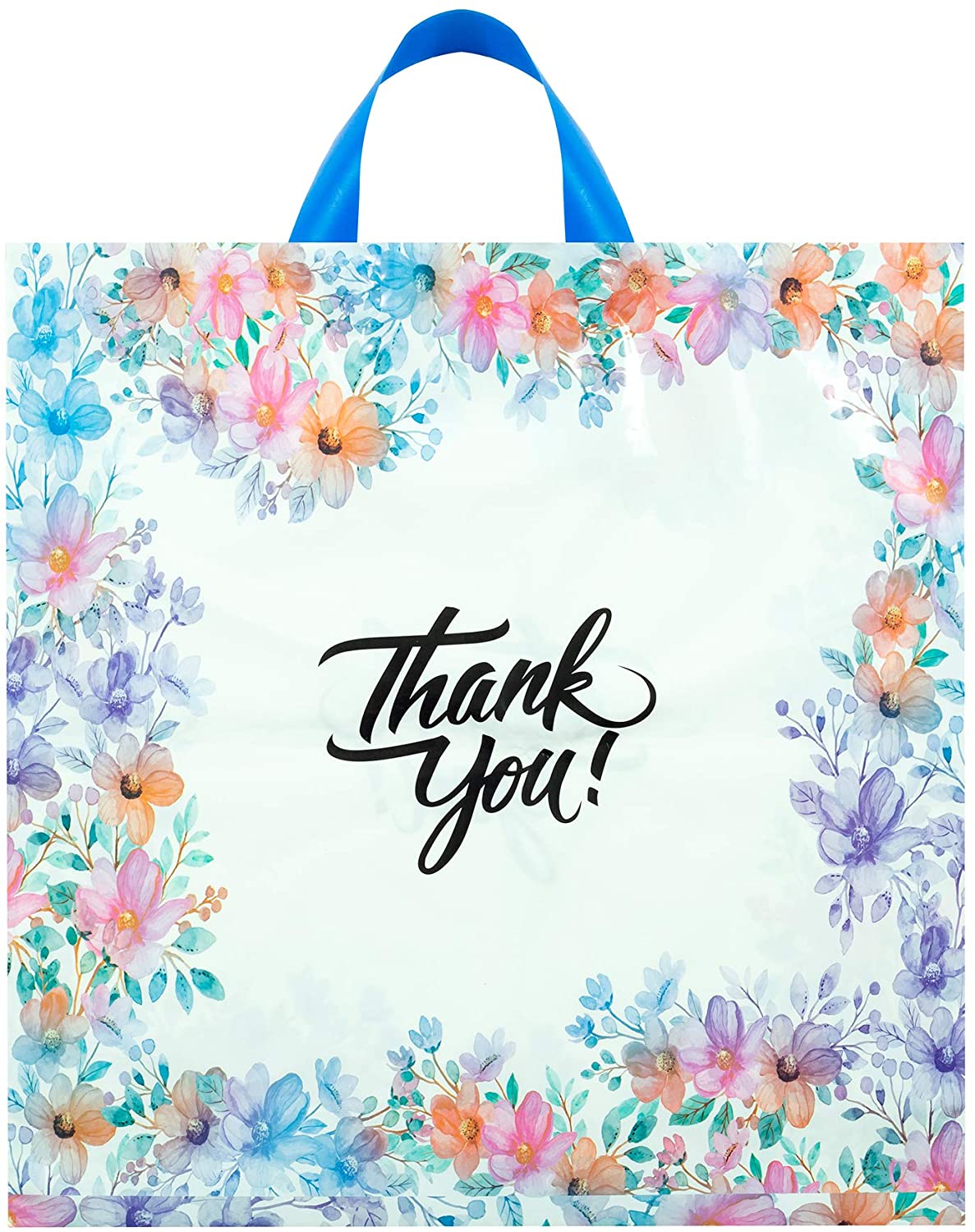 Purple Q Crafts Floral Thank You Plastic 18x18 with Soft Loop Handle Shopping Bags (50 Pack)
