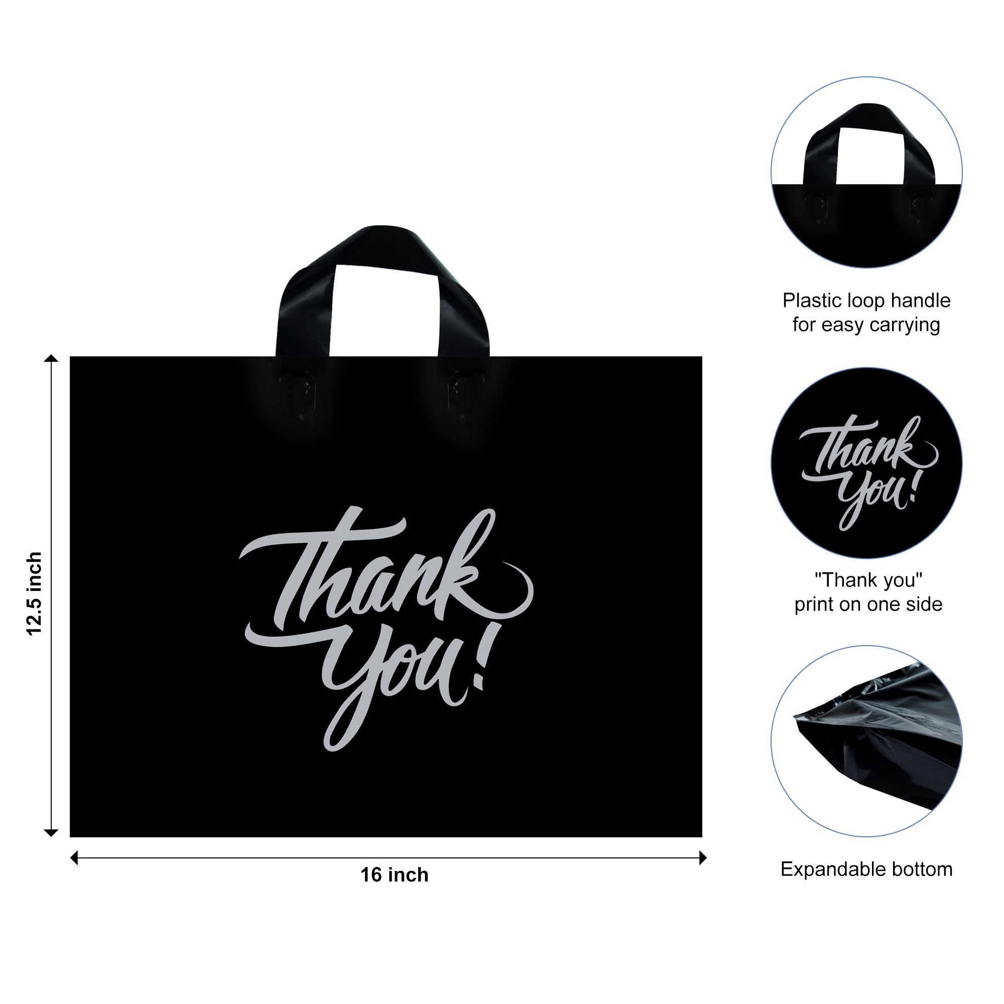 16 x 12.5 black thank you bags with loop handle