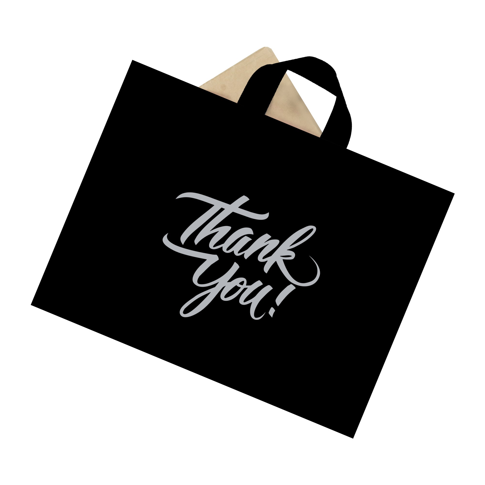 16 x 12.5 black loop handle thank you bag with object inside