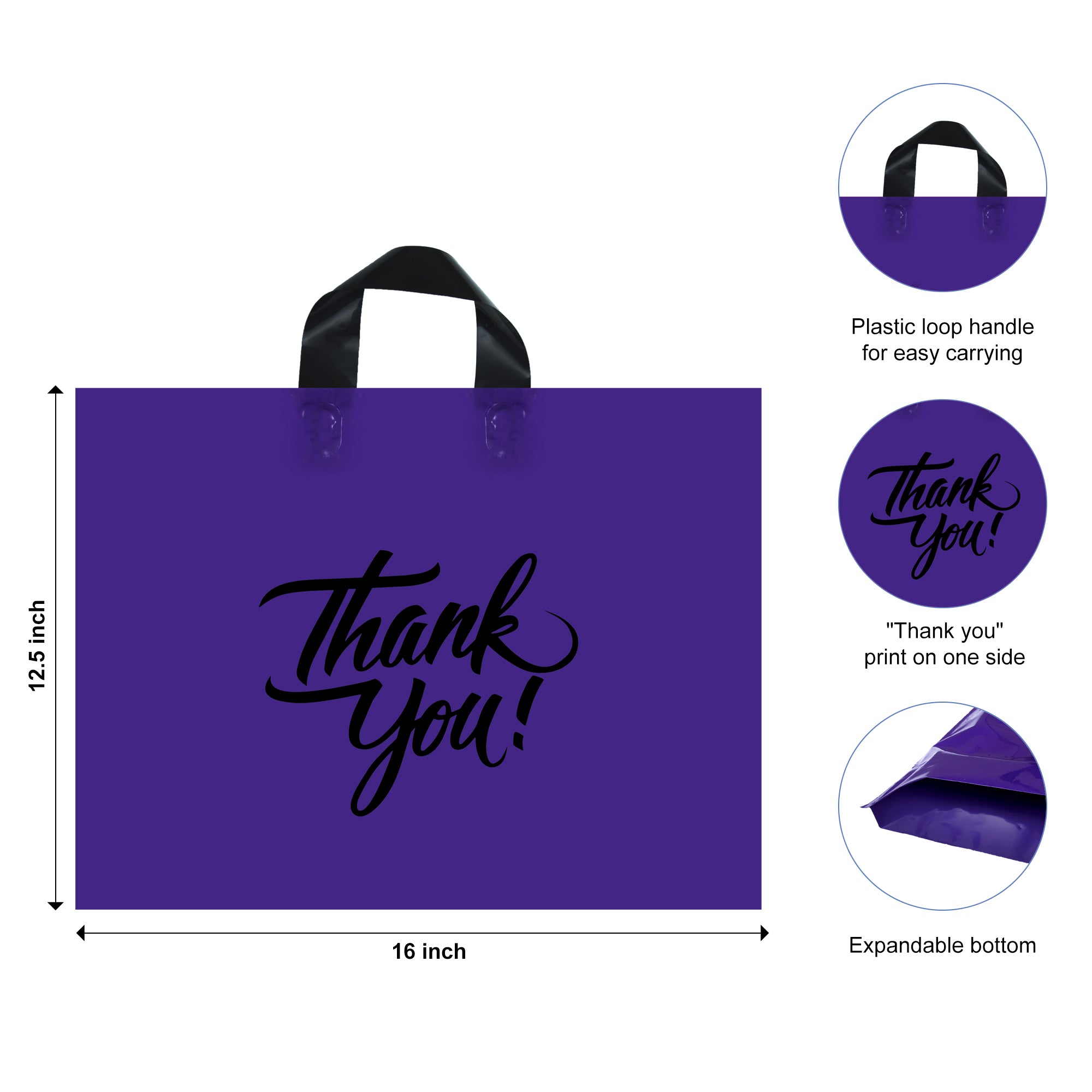 purple thank you bag with loop handle and size