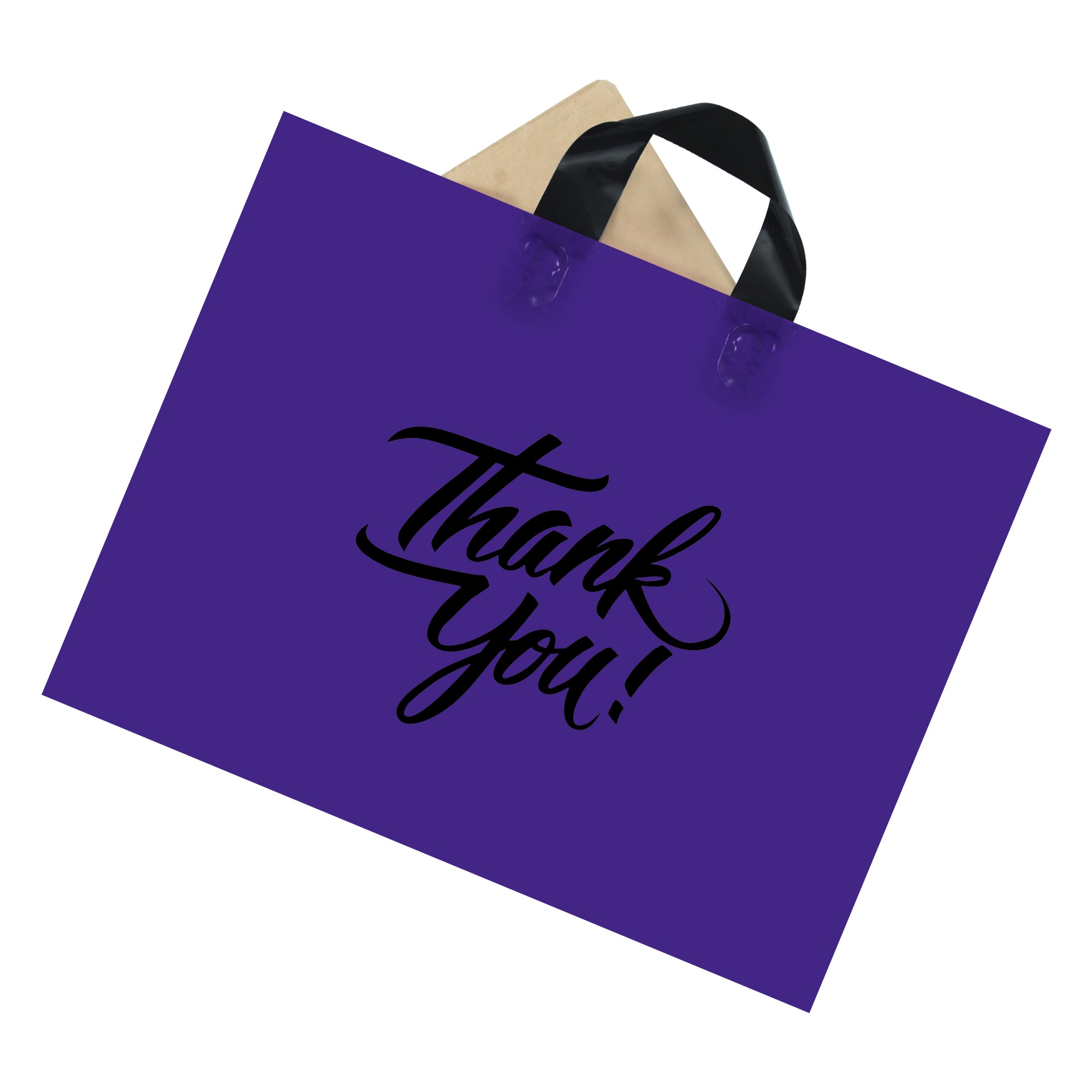 purple thank you bag with loop handle with object inside